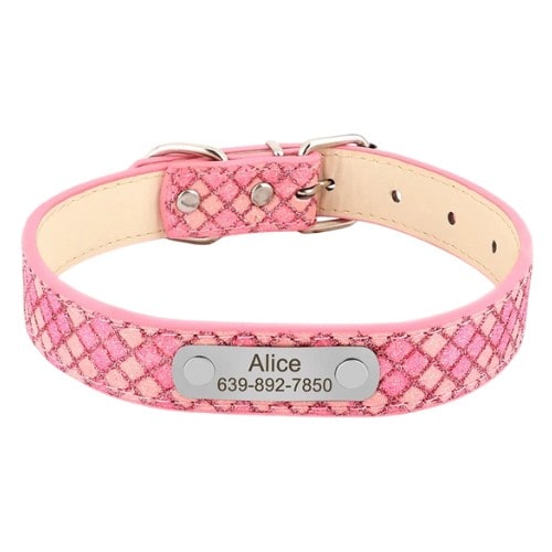 Collier personnalisé pour chien rose en cuir avec plaque gravée