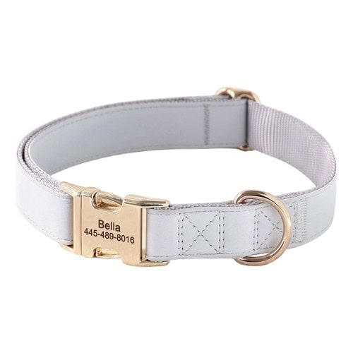 Collier personnalisé pour chien en cuir gris avec boucle dorée