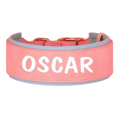 Collier personnalisé pour chien rose en cuir avec boucle métallique dorée