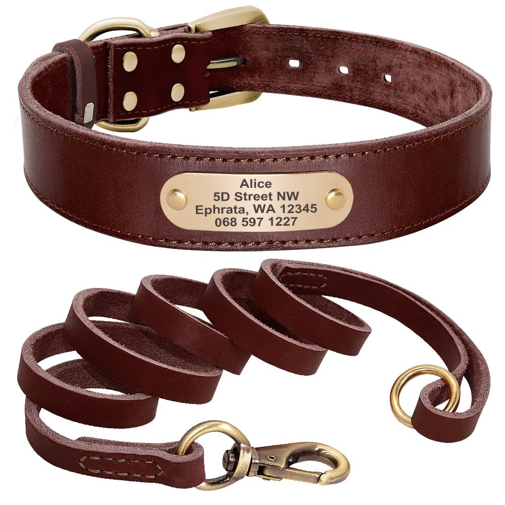 Ensemble collier et laisse marron foncé en cuir PU pour chien
