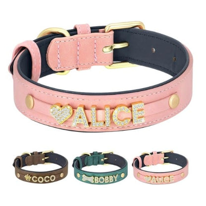 Collier personnalisé pour chien en cuir rose avec lettres strass dorées