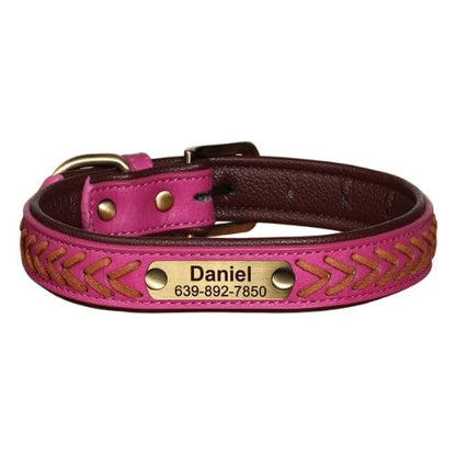 Collier personnalisé pour chien rose en cuir tressé avec plaque