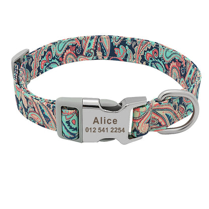 Collier pour chien multicolore en nylon avec boucle métal gravée