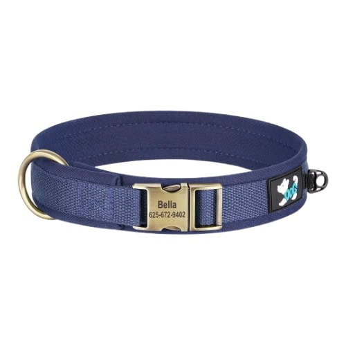 Collier personnalisé pour chien bleu foncé avec gravure sur boucle