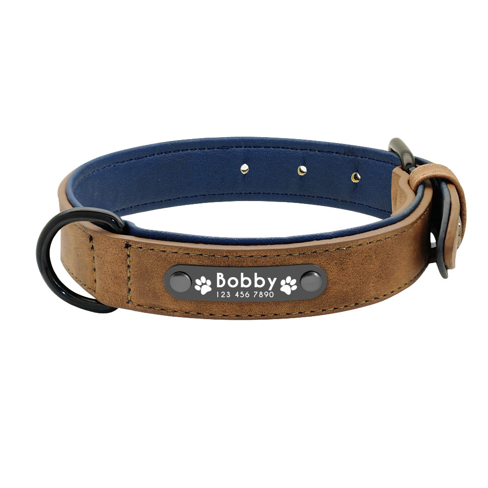 Collier pour chien marron en simili cuir avec plaque gravée