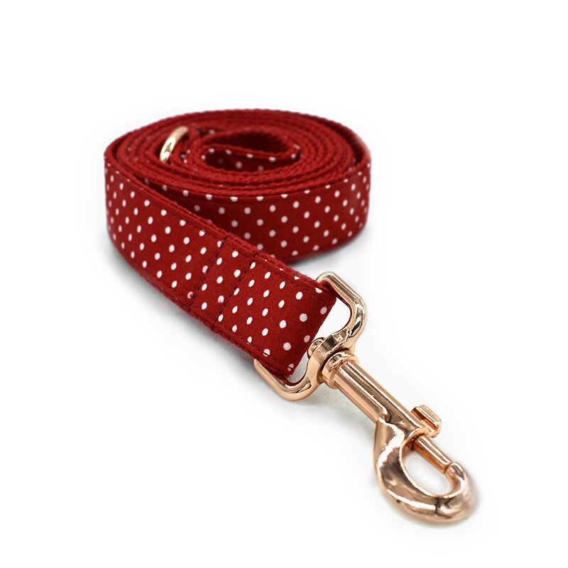 Laisse rouge à pois blancs assortie pour chien avec mousqueton doré